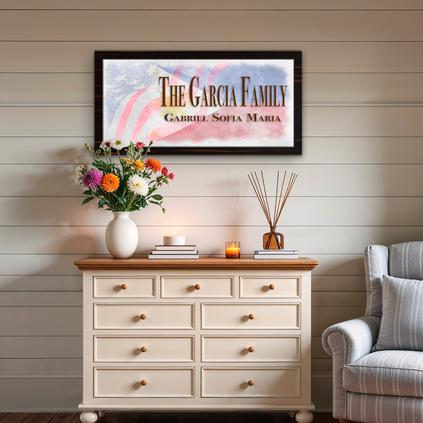 Filipino-American Flag Family Names Sign